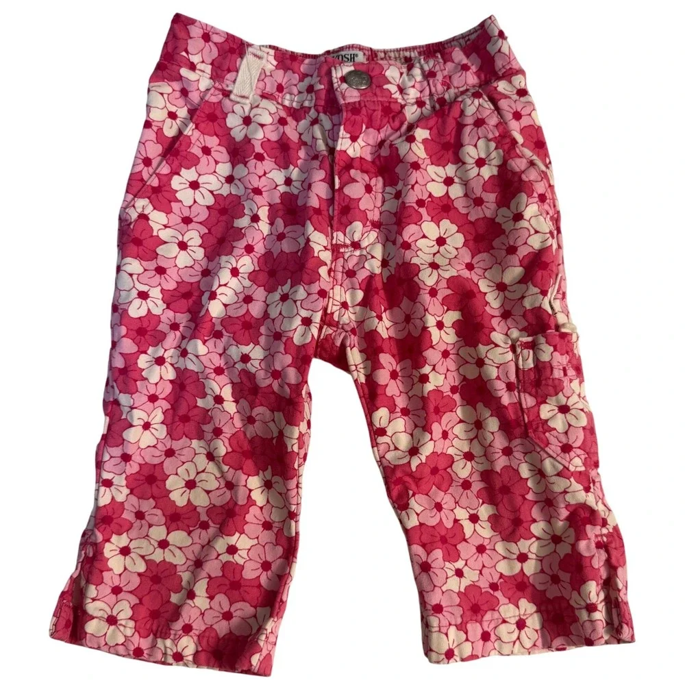 Vintage Y2K Oshkosh Bgosh Pink Floral Print Capri Pants bottoms 2T Summer denim